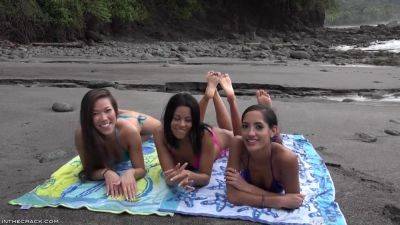 Young wet 18yo brunette Latina babes enjoys threesome orgy outdoors on the beach on coonylatina.com